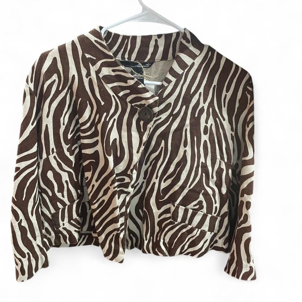 Brown and white zebra print linen button-up light jacket with 3/4 sleeves